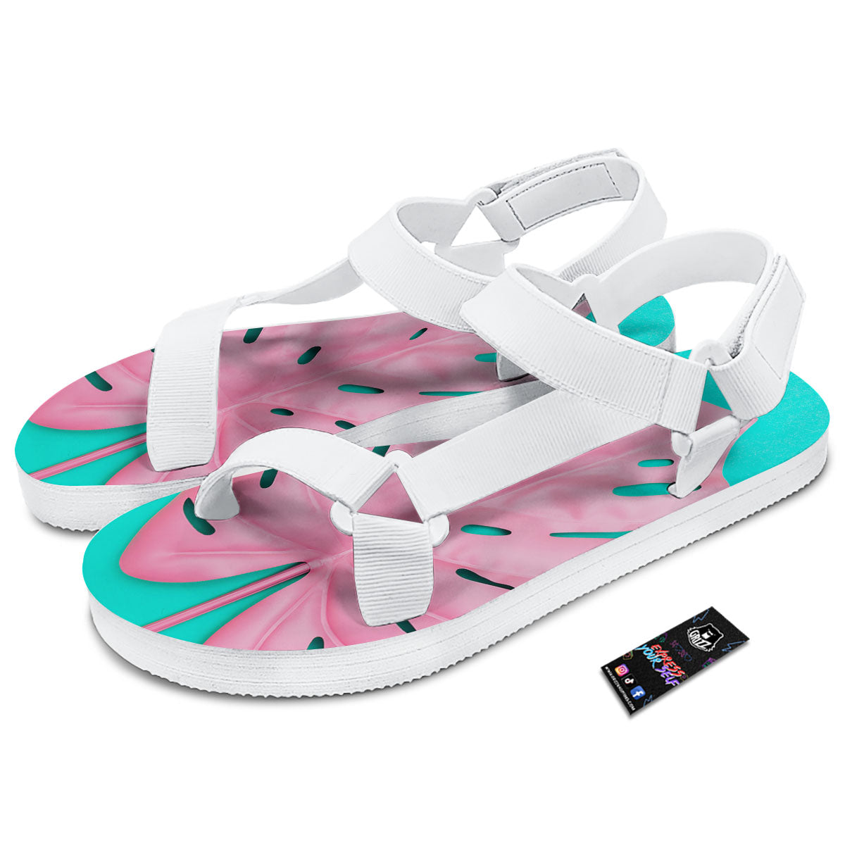 Blue And Pink Tropical Palm Leaf Print White Open Toe Sandals-grizzshop