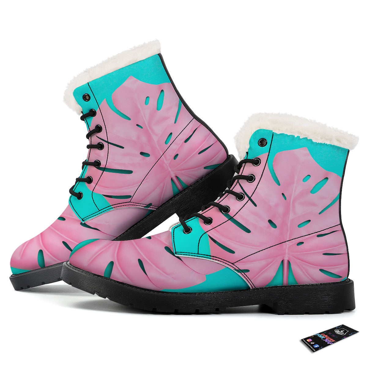 Blue And Pink Tropical Palm Leaf Print Winter Boots-grizzshop