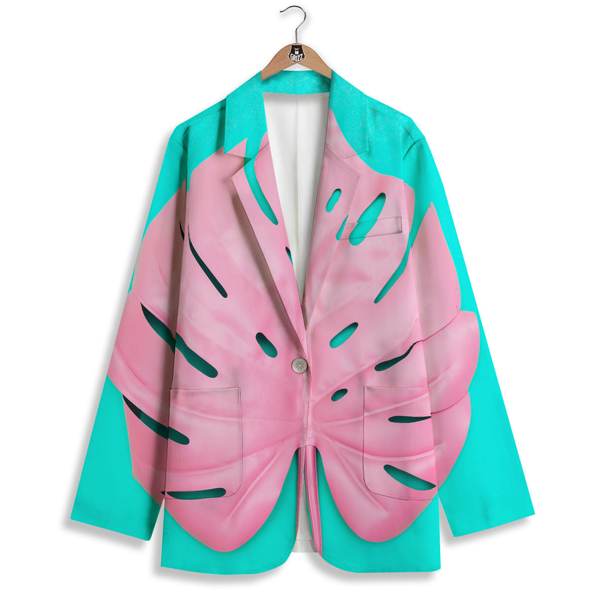 Blue And Pink Tropical Palm Leaf Print Women's Blazer-grizzshop