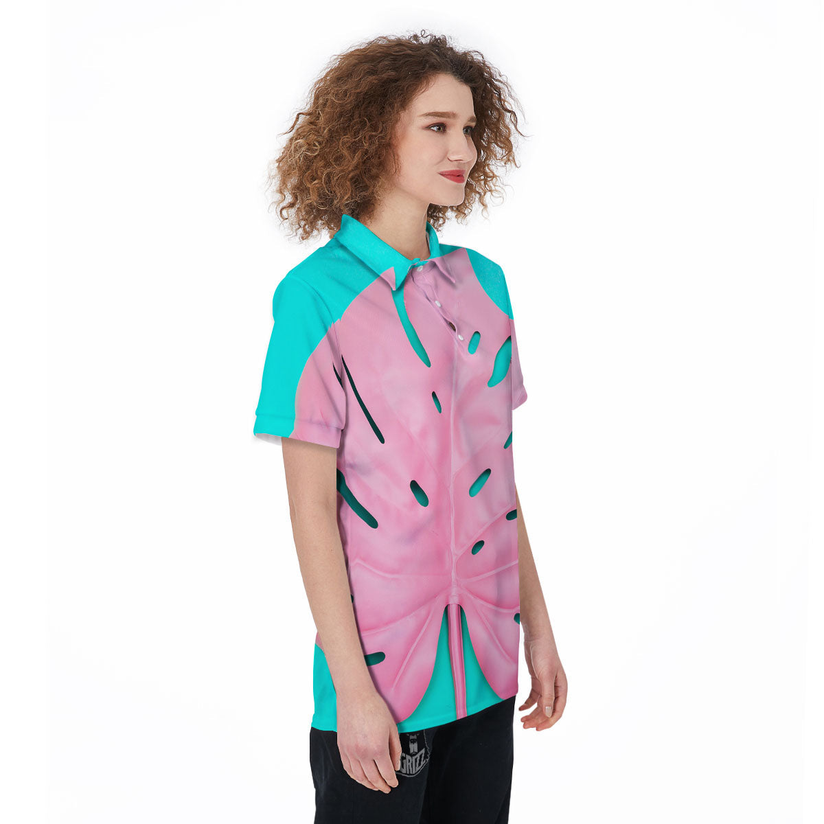 Blue And Pink Tropical Palm Leaf Print Women's Golf Shirts-grizzshop