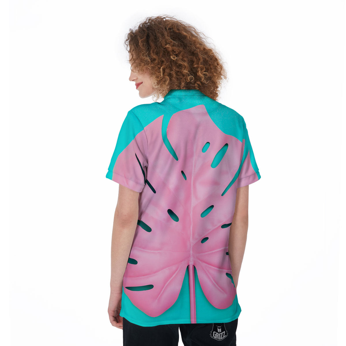 Blue And Pink Tropical Palm Leaf Print Women's Golf Shirts-grizzshop