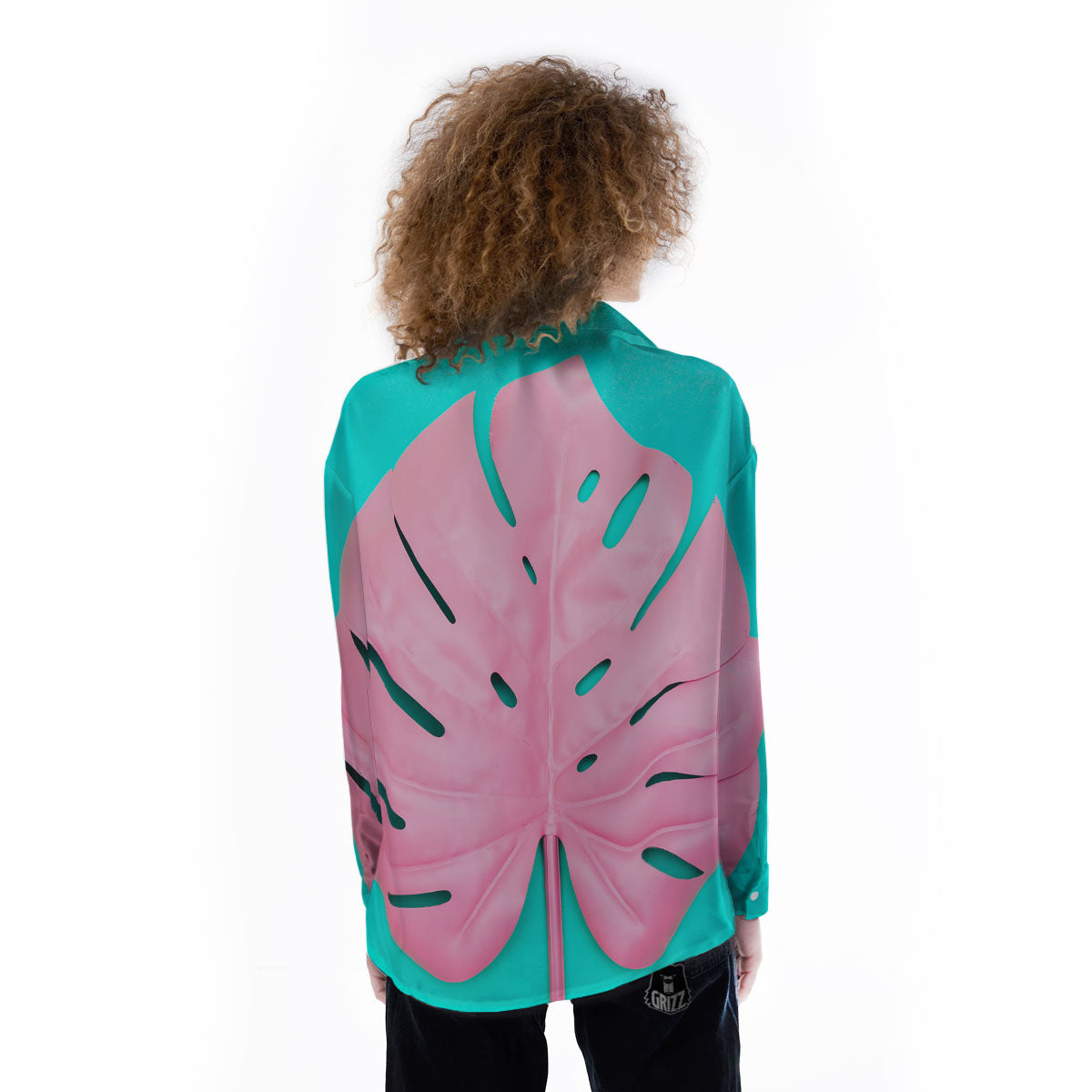 Blue And Pink Tropical Palm Leaf Print Women's Long Sleeve Shirts-grizzshop