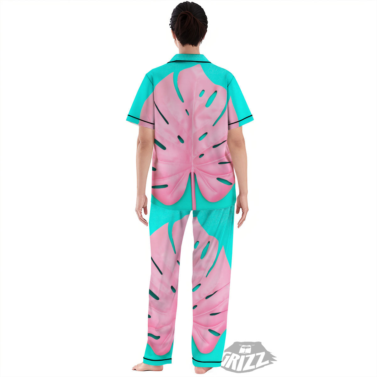 Blue And Pink Tropical Palm Leaf Print Women's Pajamas Set-grizzshop