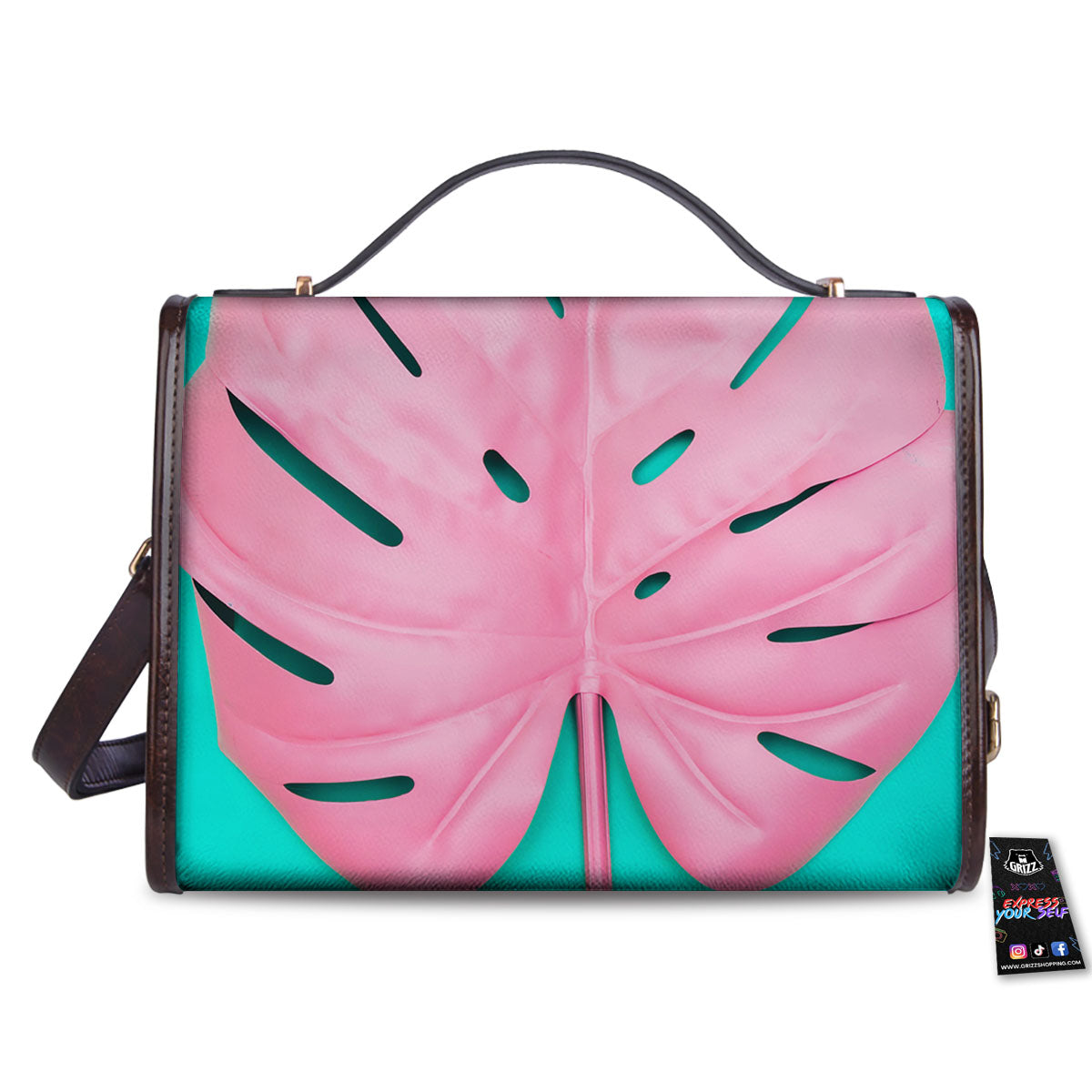 Blue And Pink Tropical Palm Leaf Print Women's Satchel Bag-grizzshop