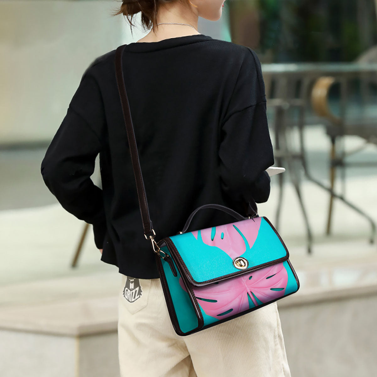 Blue And Pink Tropical Palm Leaf Print Women's Satchel Bag-grizzshop