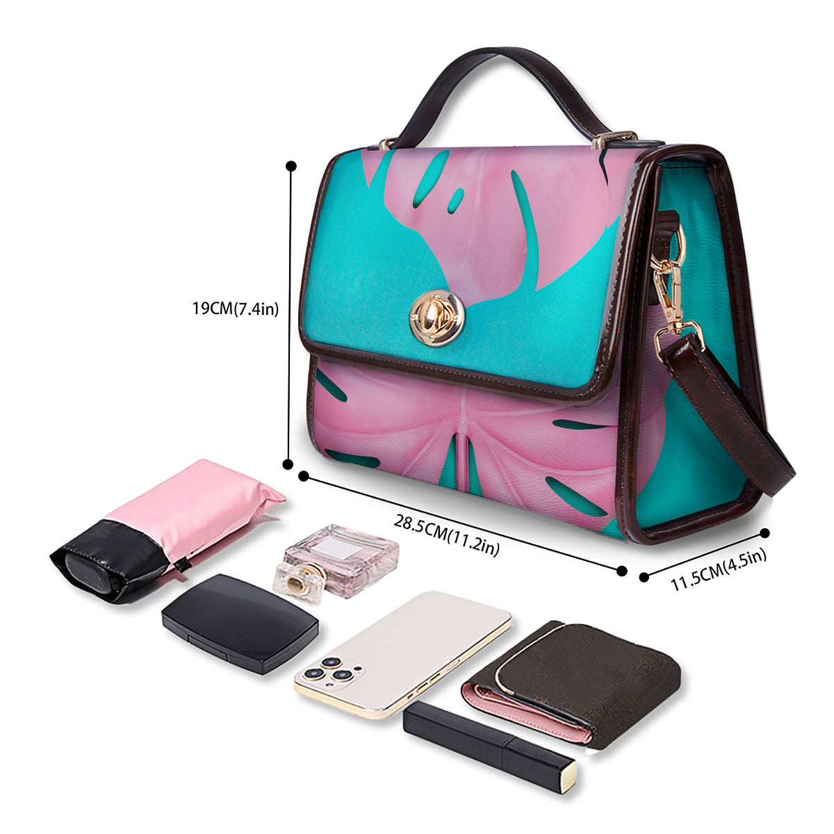 Blue And Pink Tropical Palm Leaf Print Women's Satchel Bag-grizzshop