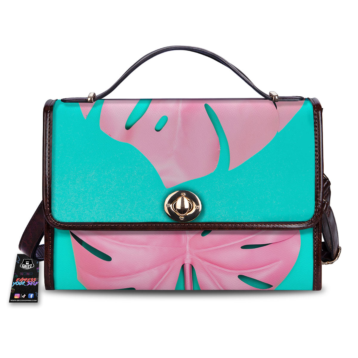 Blue And Pink Tropical Palm Leaf Print Women's Satchel Bag-grizzshop