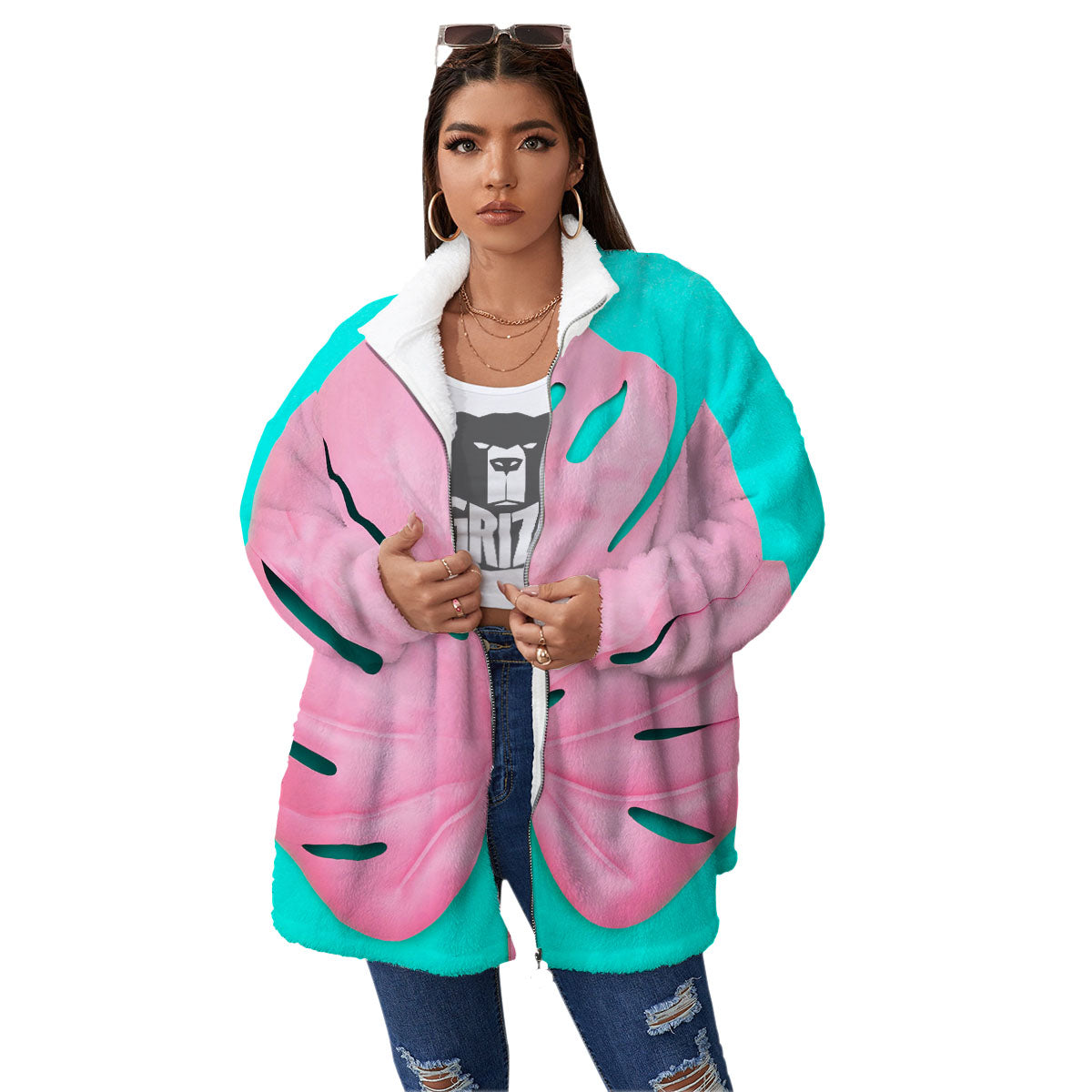 Blue And Pink Tropical Palm Leaf Print Women's Sherpa Jacket-grizzshop