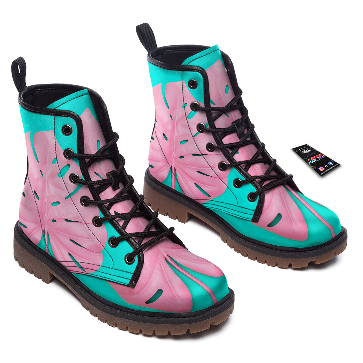 Blue And Pink Tropical Palm Leaf Print Work Boots-grizzshop