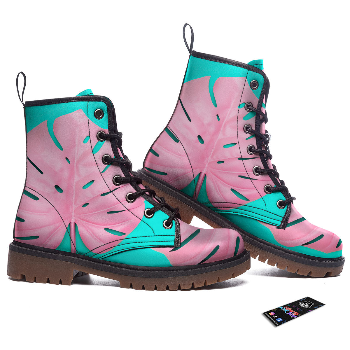 Blue And Pink Tropical Palm Leaf Print Work Boots-grizzshop