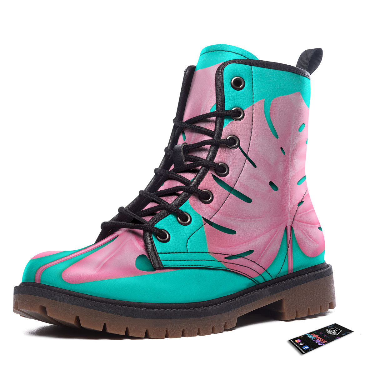Blue And Pink Tropical Palm Leaf Print Work Boots-grizzshop