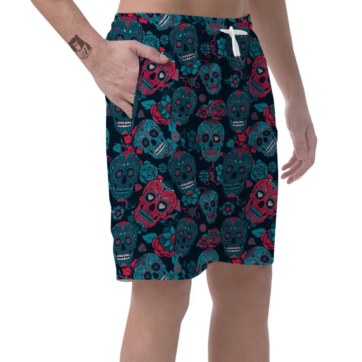 Blue And Red Floral Sugar Skull Men's Shorts-grizzshop