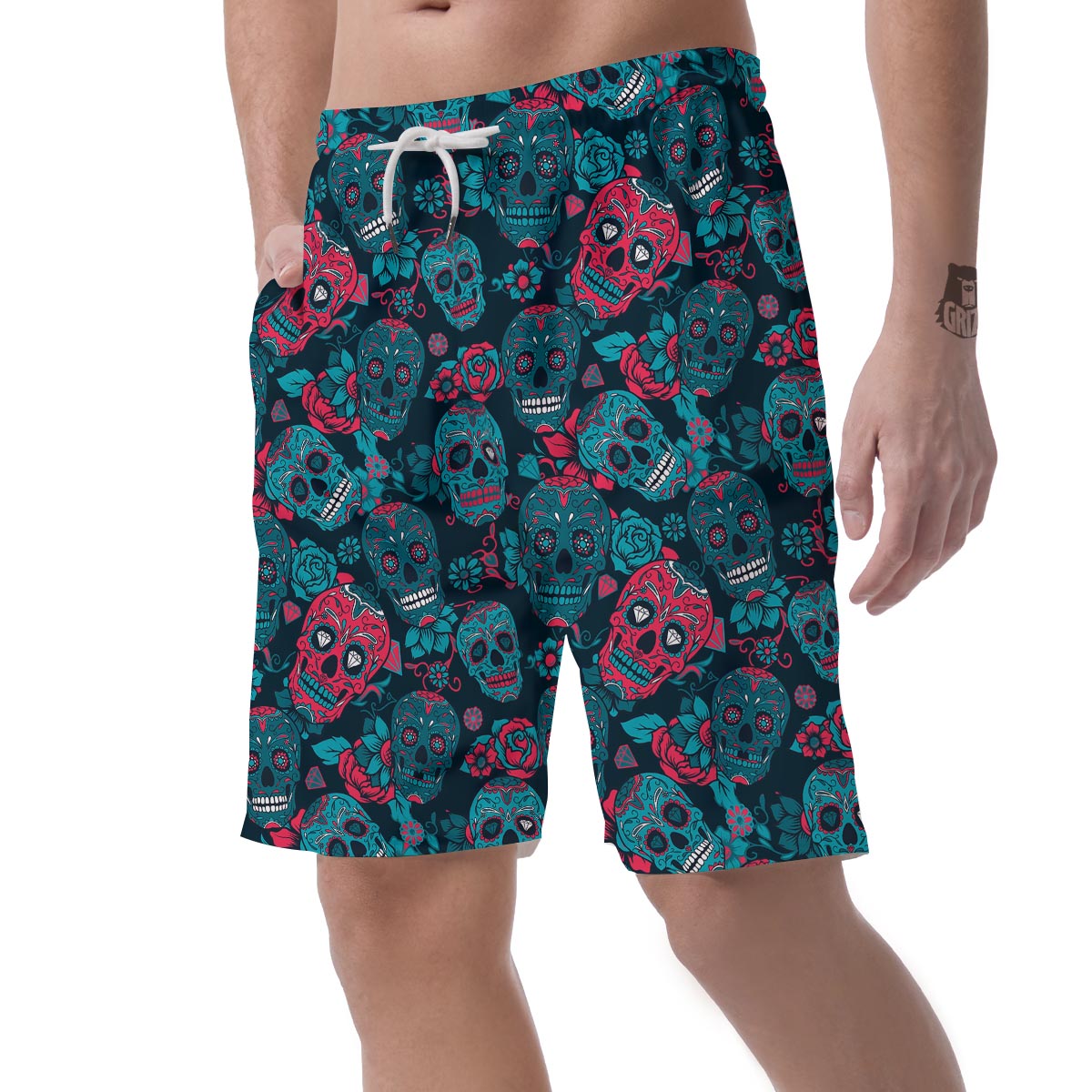 Blue And Red Floral Sugar Skull Men's Shorts-grizzshop