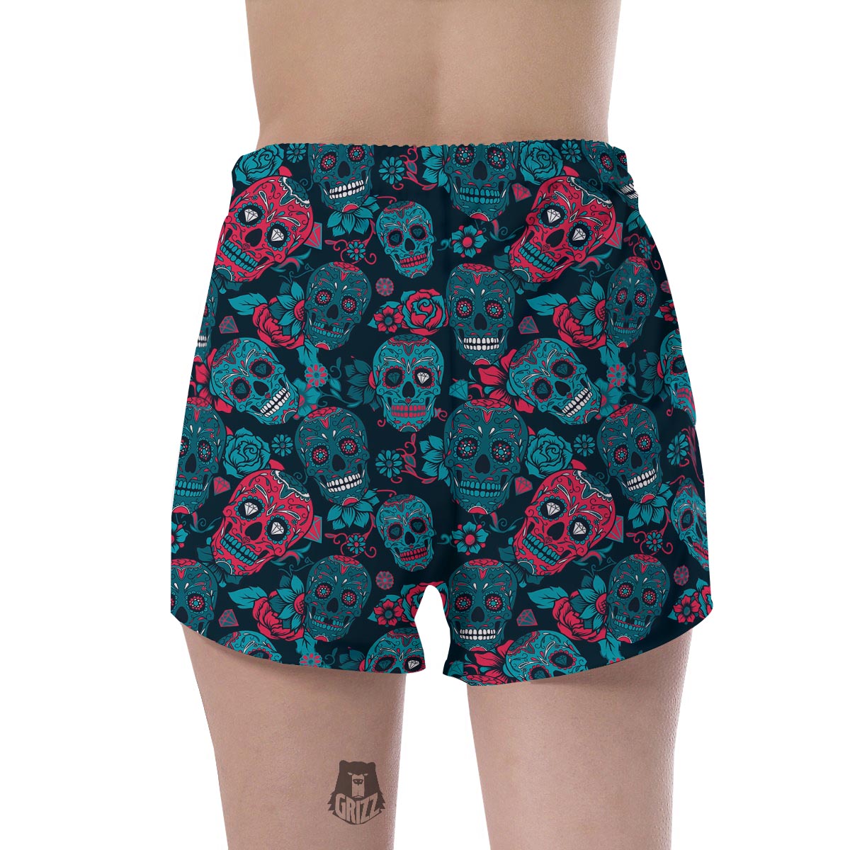 Blue And Red Floral Sugar Skull Women's Shorts-grizzshop