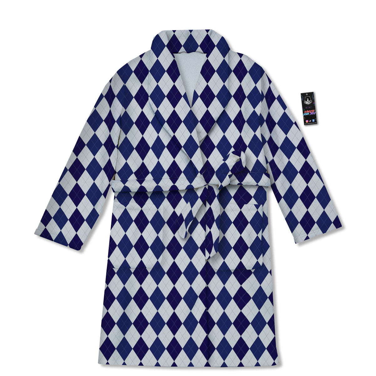 Blue And White Navy Argyle Print Pattern Bathrobe-grizzshop