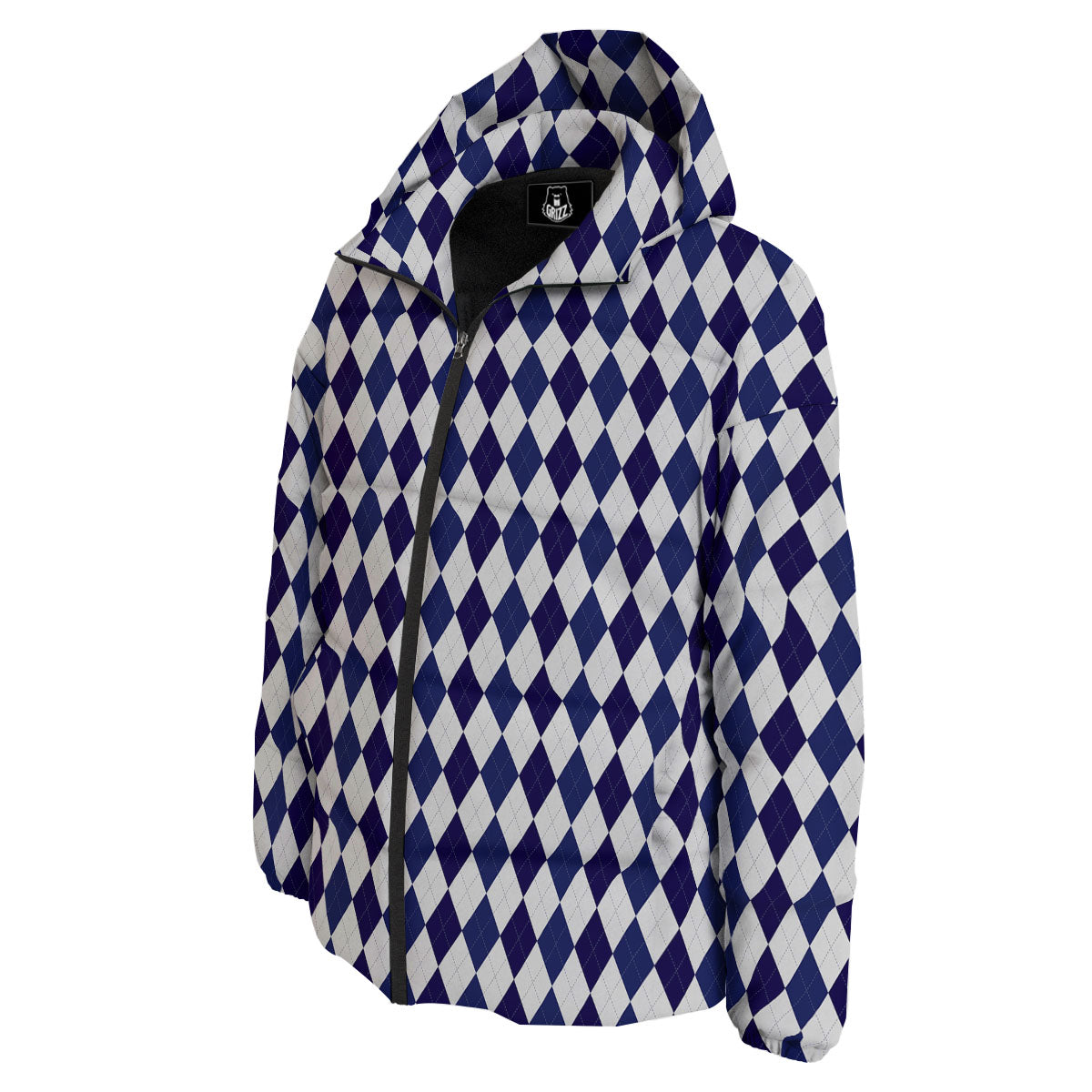 Blue And White Navy Argyle Print Pattern Down Jacket-grizzshop