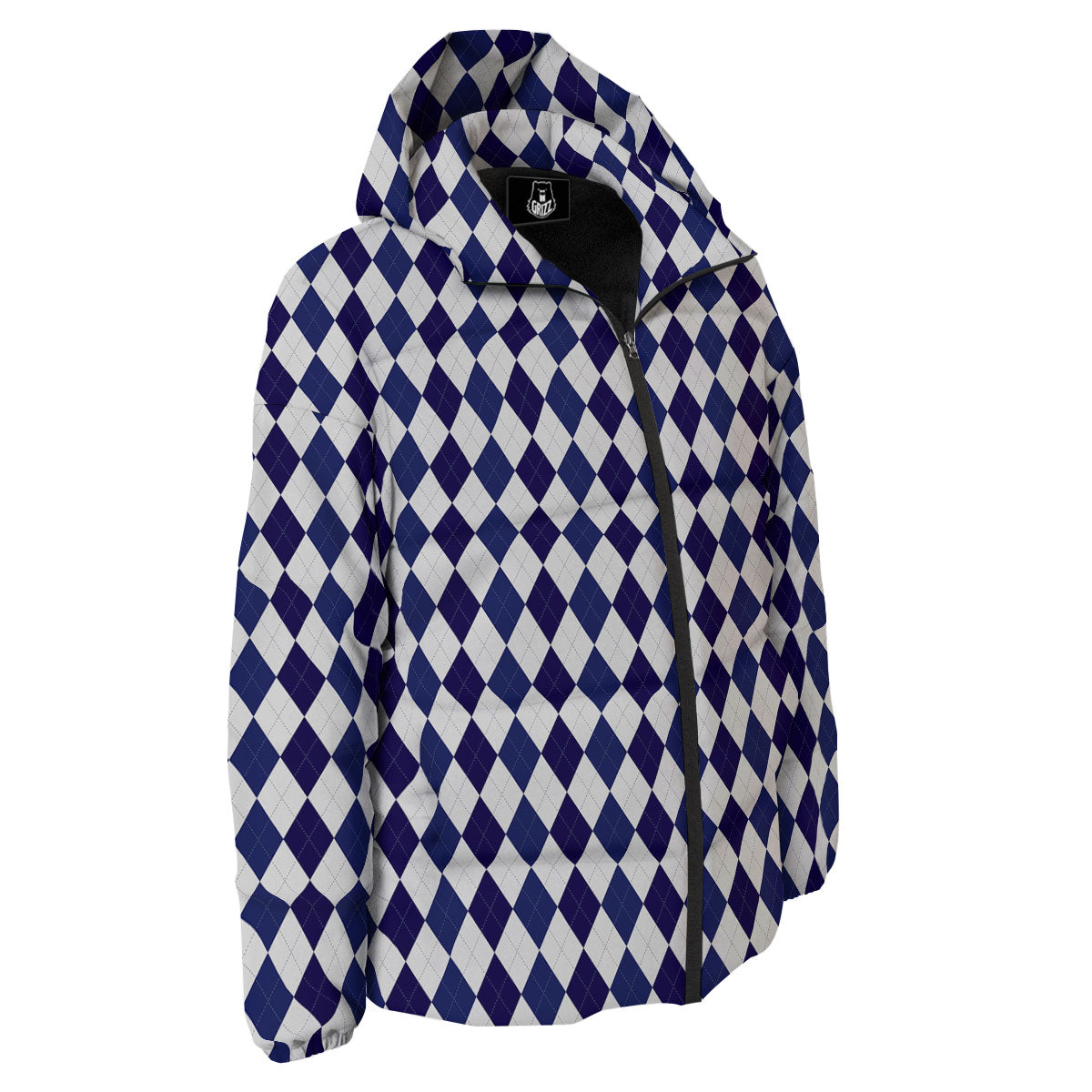 Blue And White Navy Argyle Print Pattern Down Jacket-grizzshop