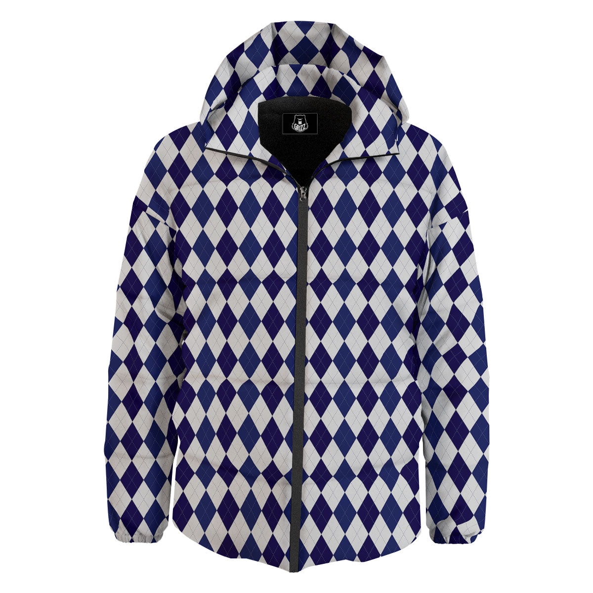 Blue And White Navy Argyle Print Pattern Down Jacket-grizzshop