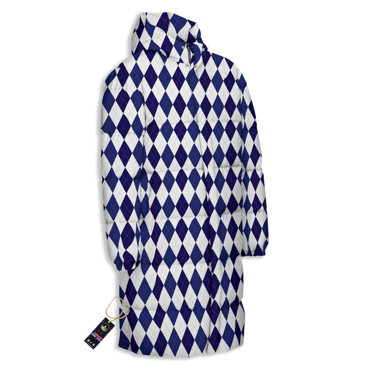 Blue And White Navy Argyle Print Pattern Long Down Jacket-grizzshop