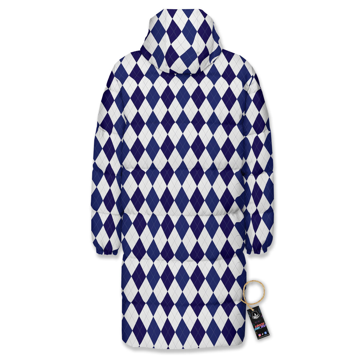 Blue And White Navy Argyle Print Pattern Long Down Jacket-grizzshop