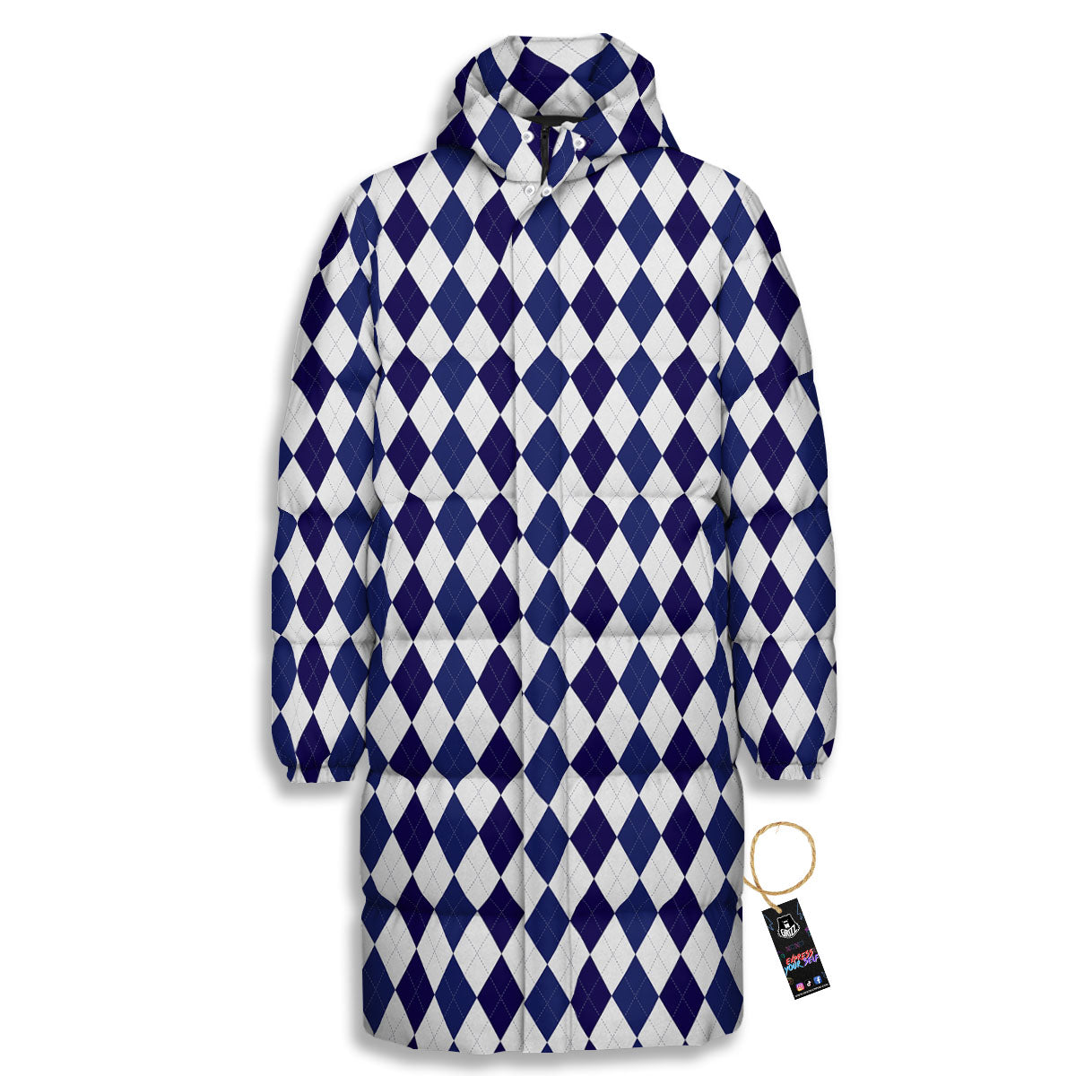 Blue And White Navy Argyle Print Pattern Long Down Jacket-grizzshop