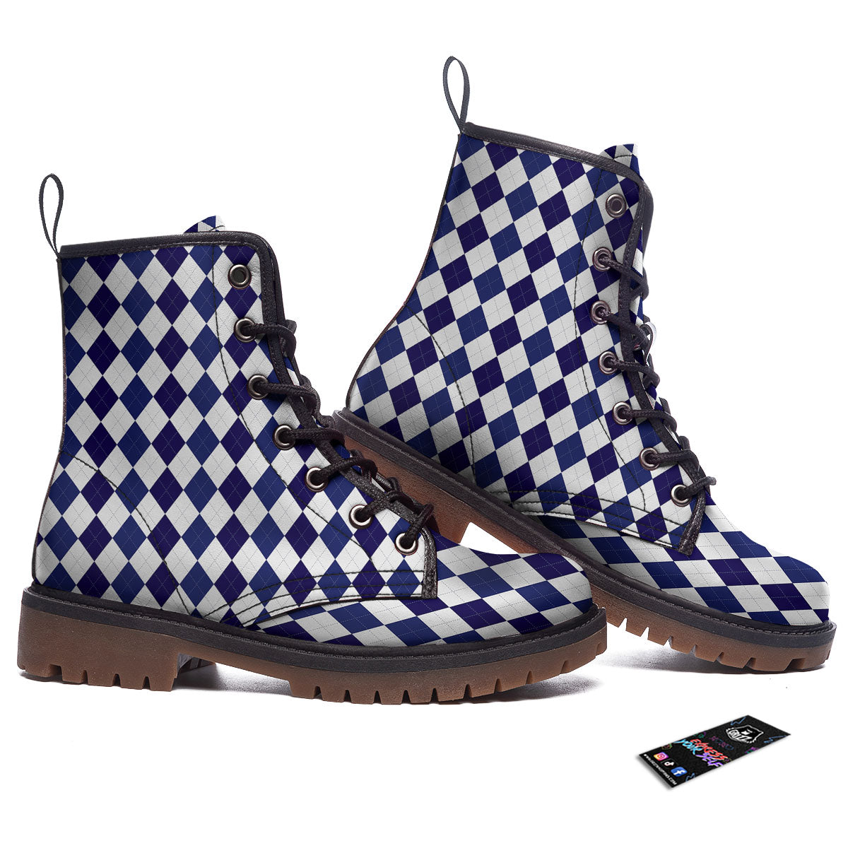 Blue And White Navy Argyle Print Pattern Work Boots-grizzshop