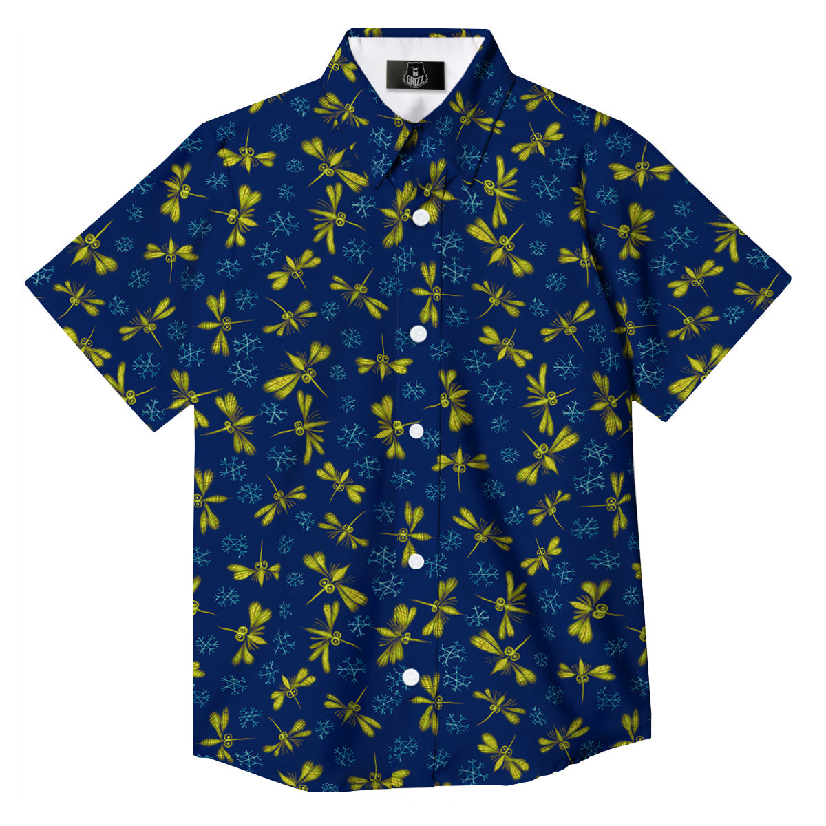 Blue And Yellow Mosquito Flying Print Pattern Button Up Shirt-grizzshop