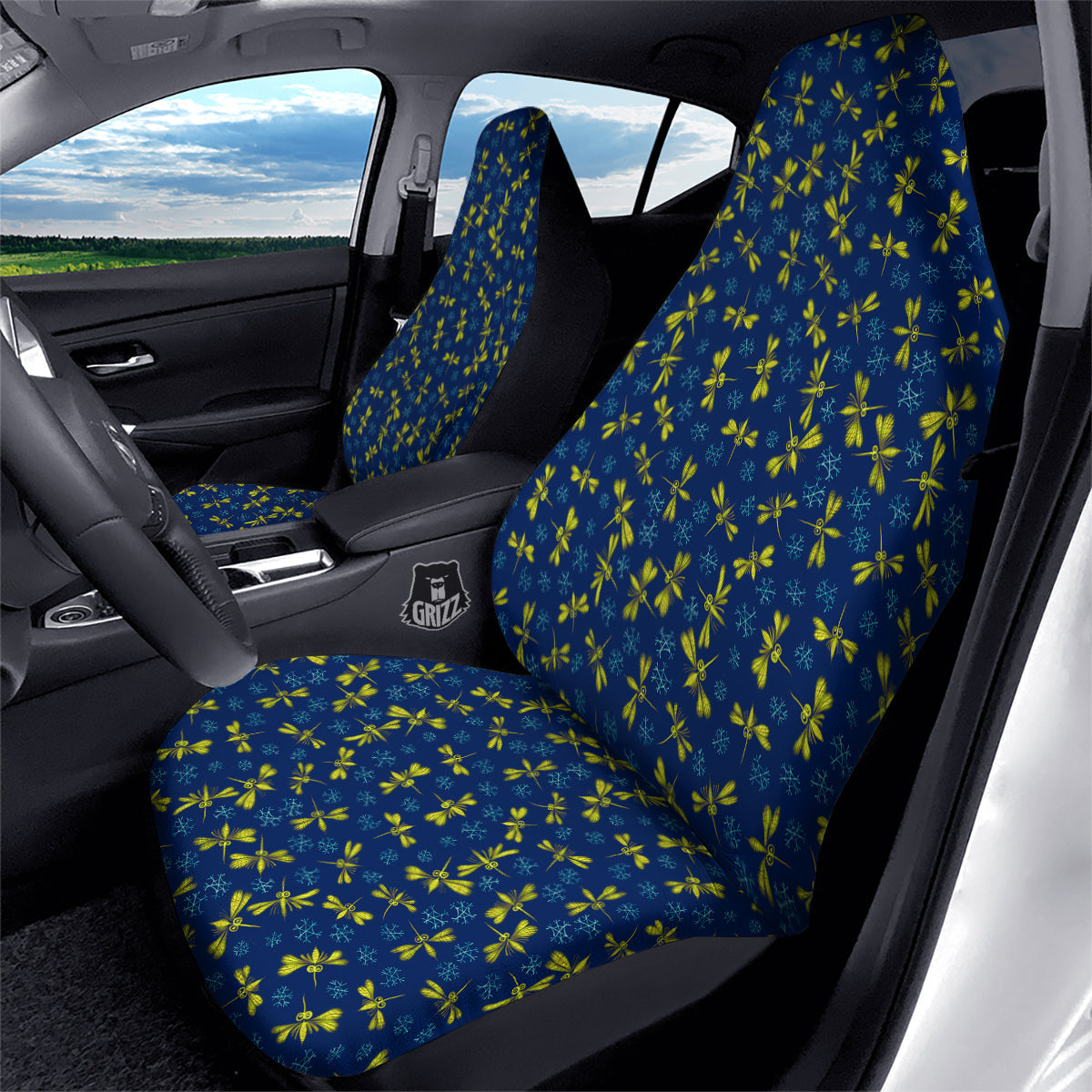 Blue And Yellow Mosquito Flying Print Pattern Car Seat Covers-grizzshop