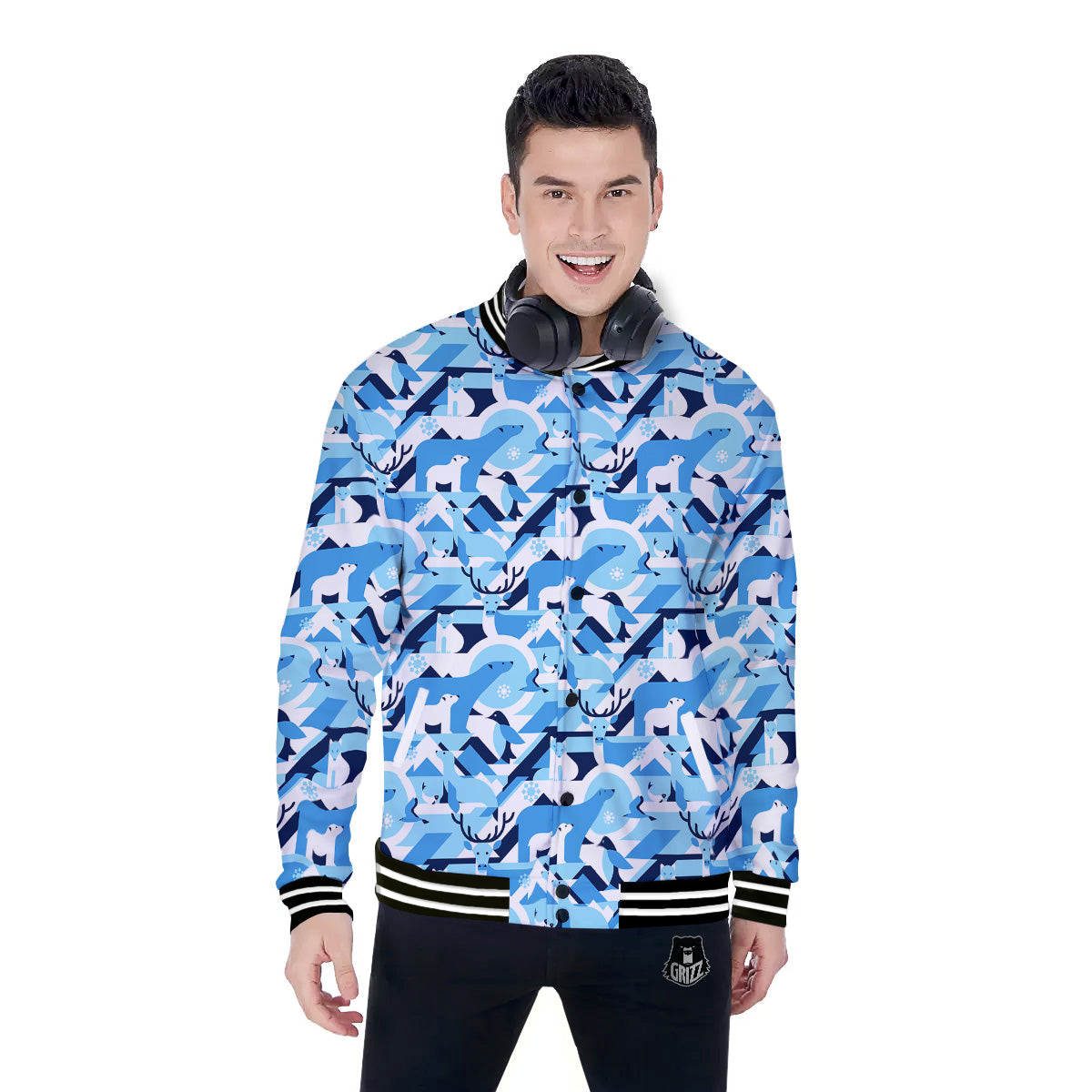 Blue Arctic Animals Print Pattern Baseball Jacket-grizzshop