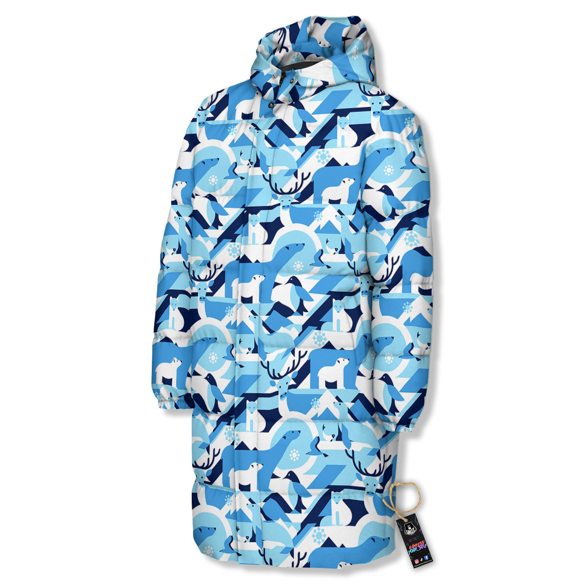 Blue Arctic Animals Print Pattern Long Down Jacket-grizzshop