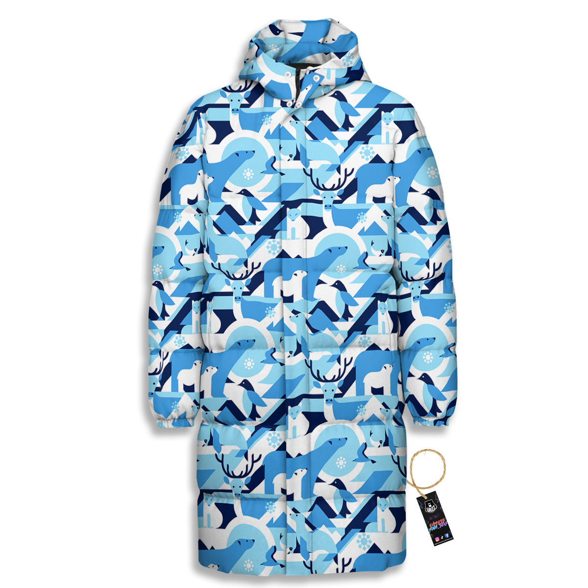 Blue Arctic Animals Print Pattern Long Down Jacket-grizzshop