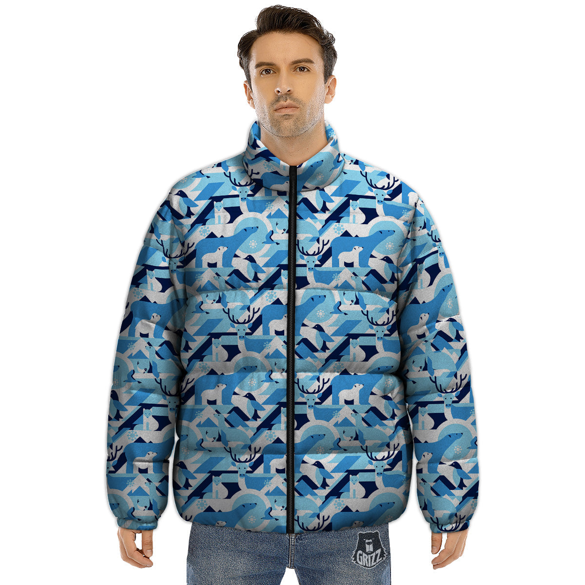 Blue Arctic Animals Print Pattern Puffer Jacket-grizzshop
