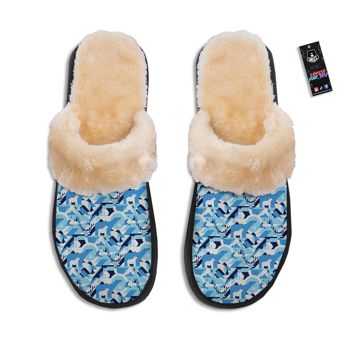 Blue Arctic Animals Print Pattern Slippers-grizzshop