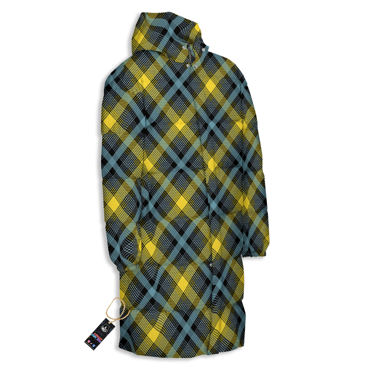Blue Argyle And Black Yellow Print Pattern Long Down Jacket-grizzshop