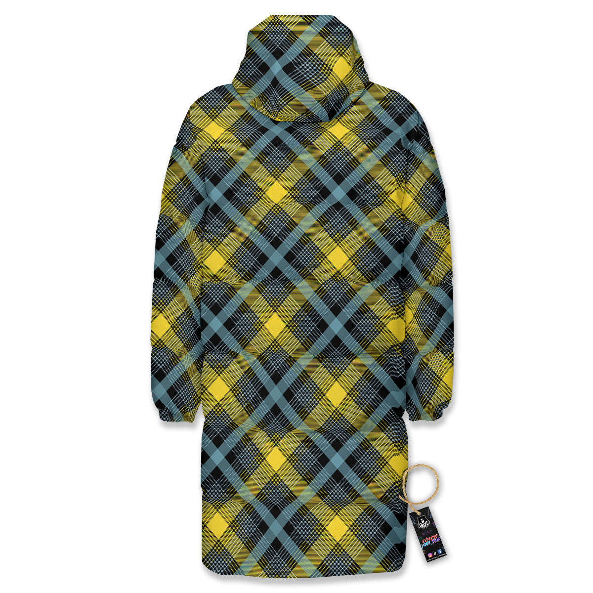 Blue Argyle And Black Yellow Print Pattern Long Down Jacket-grizzshop