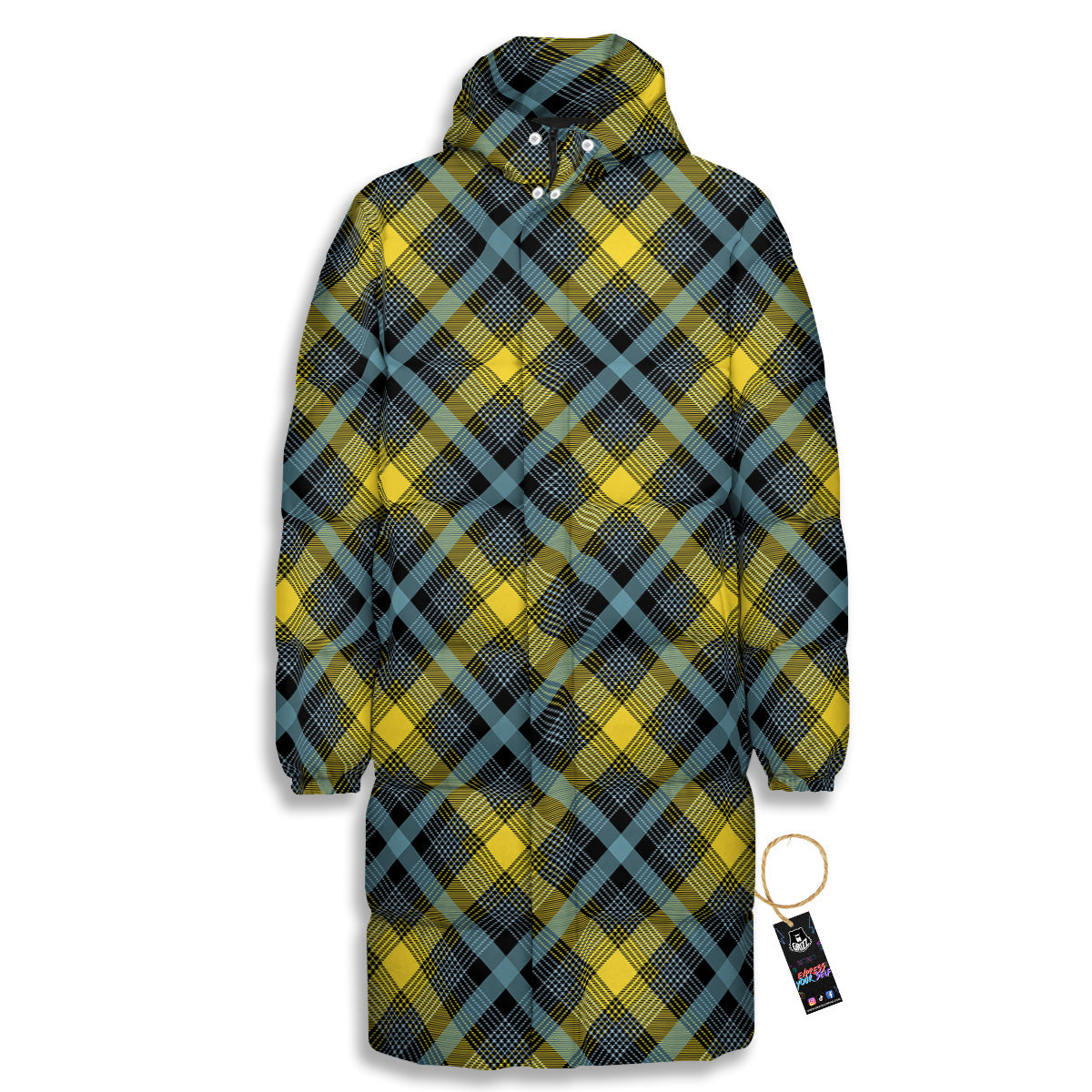 Blue Argyle And Black Yellow Print Pattern Long Down Jacket-grizzshop