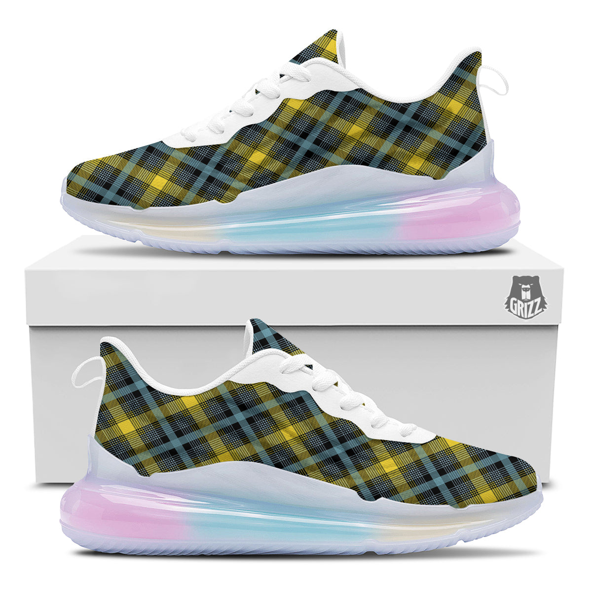 Blue Argyle And Black Yellow Print Pattern Running Sneakers-grizzshop
