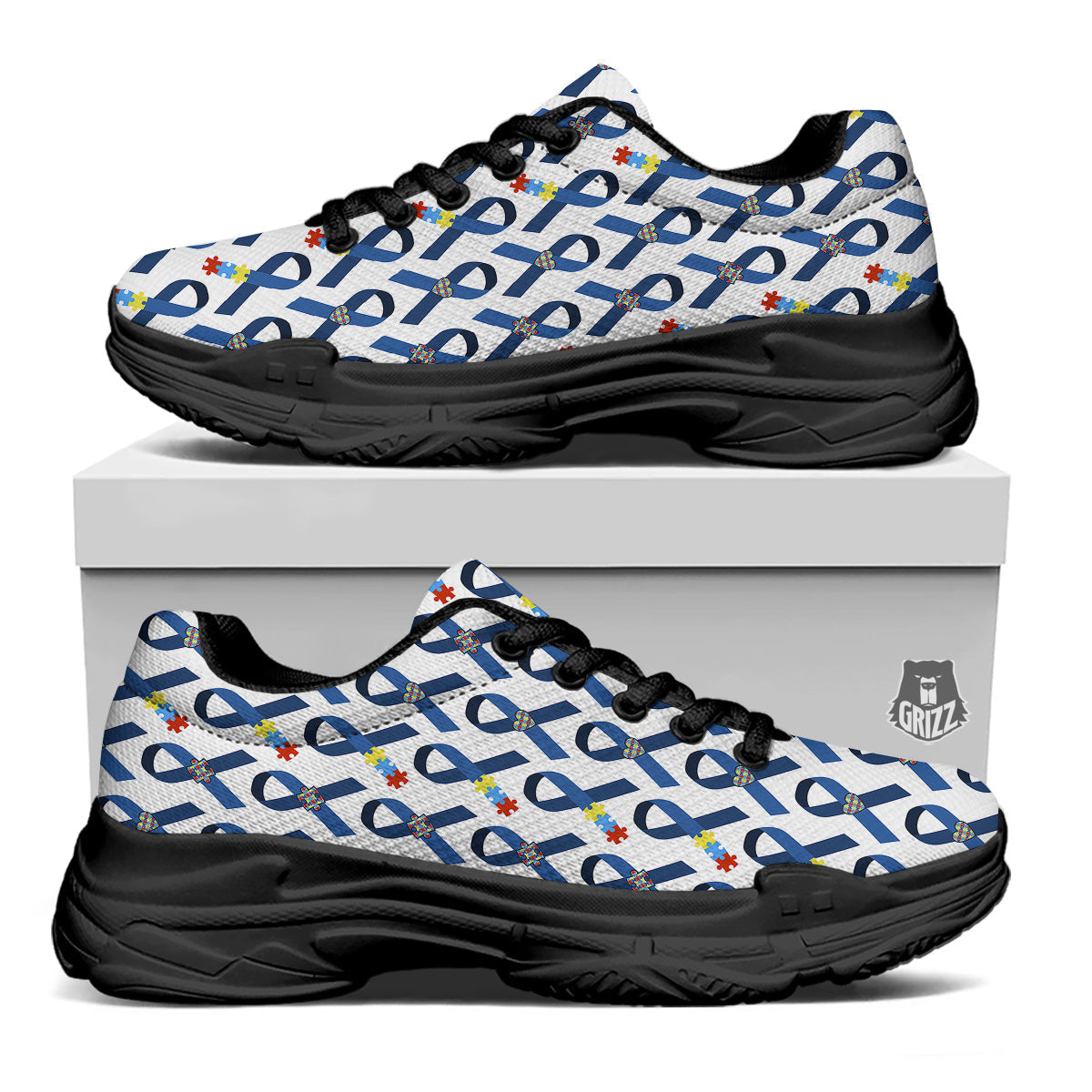 Blue Autism Awarenes Print Pattern Black Chunky Shoes-grizzshop