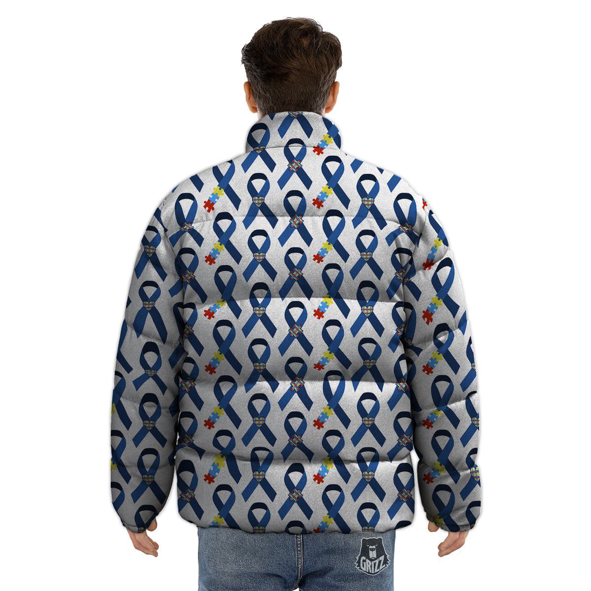 Blue Autism Awarenes Print Pattern Puffer Jacket-grizzshop