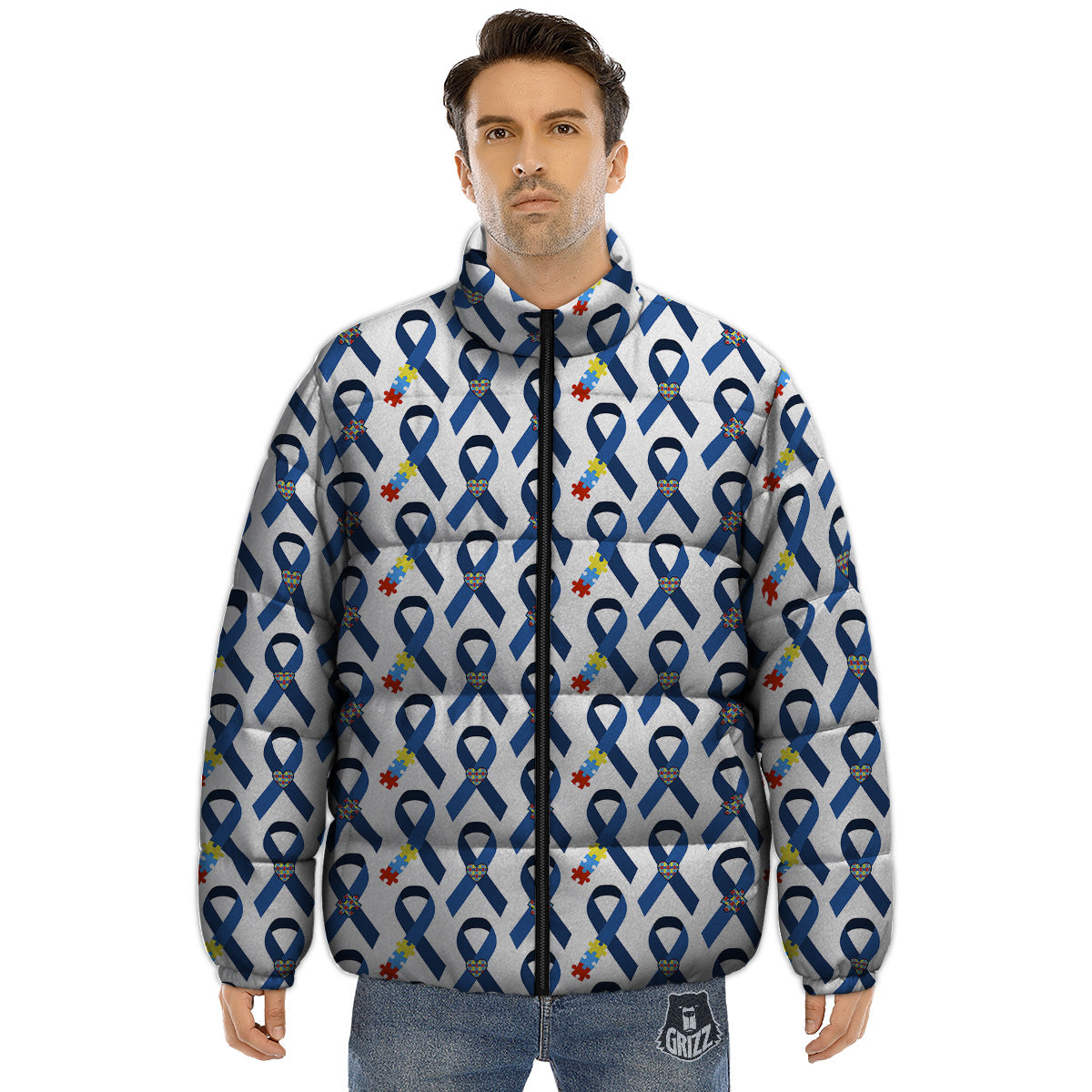 Blue Autism Awarenes Print Pattern Puffer Jacket-grizzshop