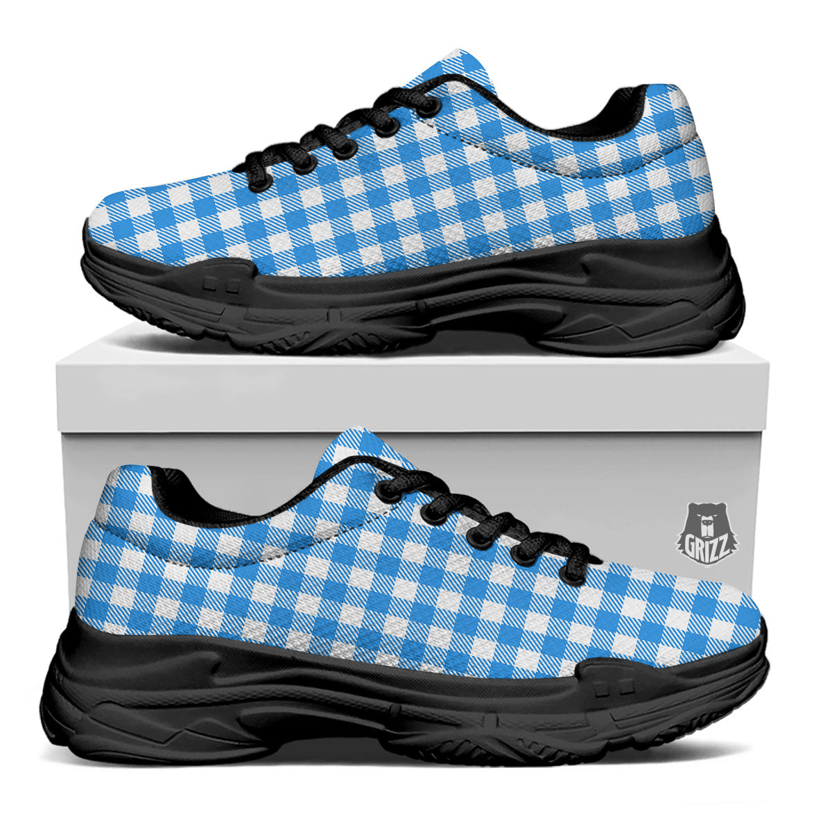 Blue Azure And White Gingham Print Black Chunky Shoes-grizzshop