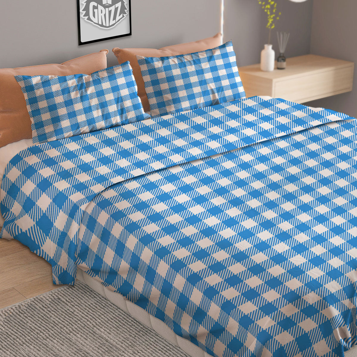 Blue Azure And White Gingham Print Duvet Cover Bedding Set
