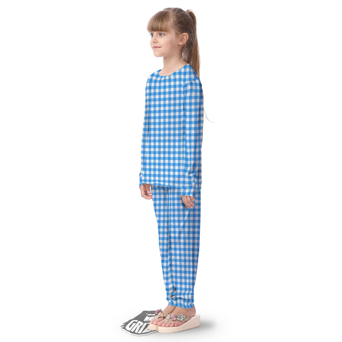 Blue Azure And White Gingham Print Kid's Pajamas-grizzshop
