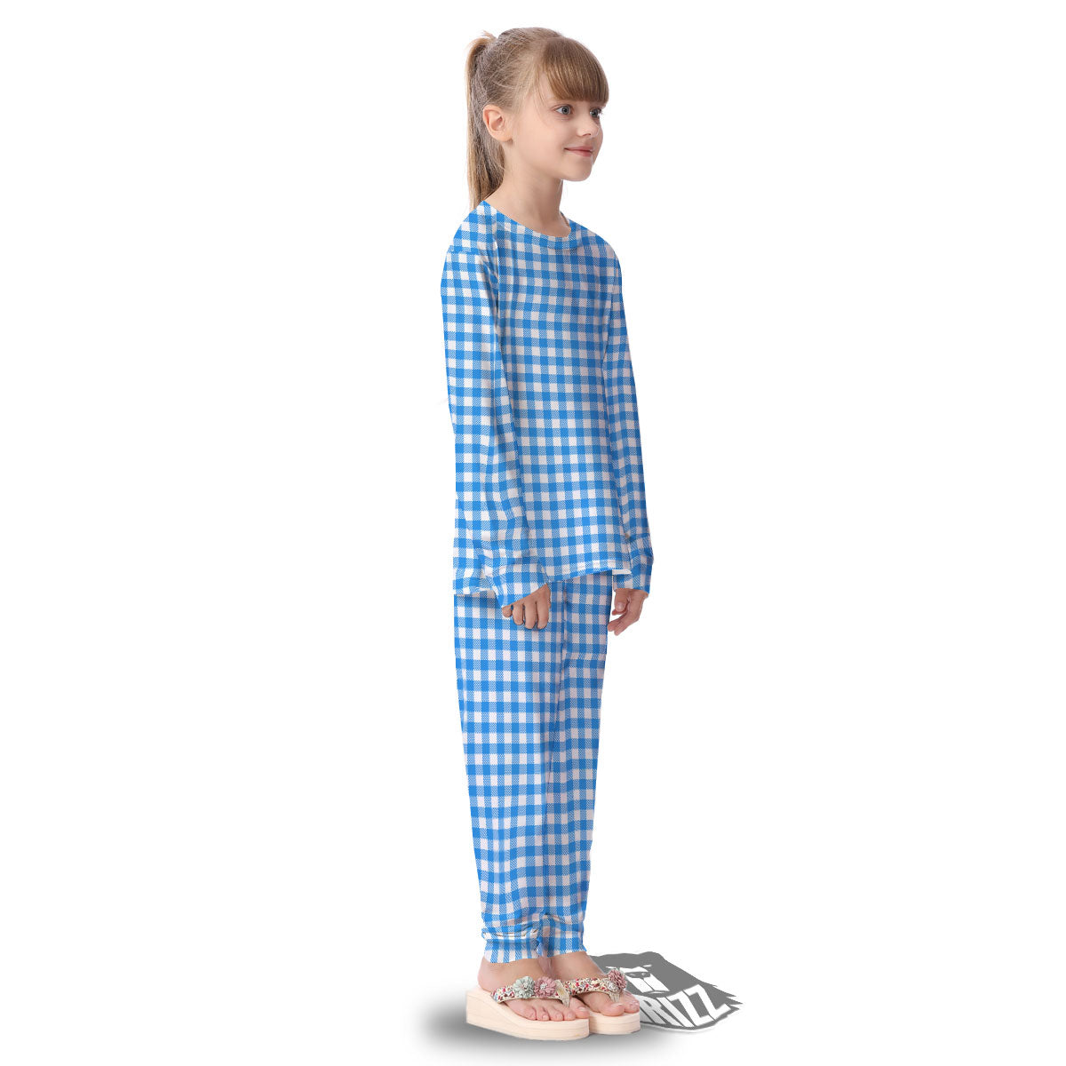 Blue Azure And White Gingham Print Kid's Pajamas-grizzshop