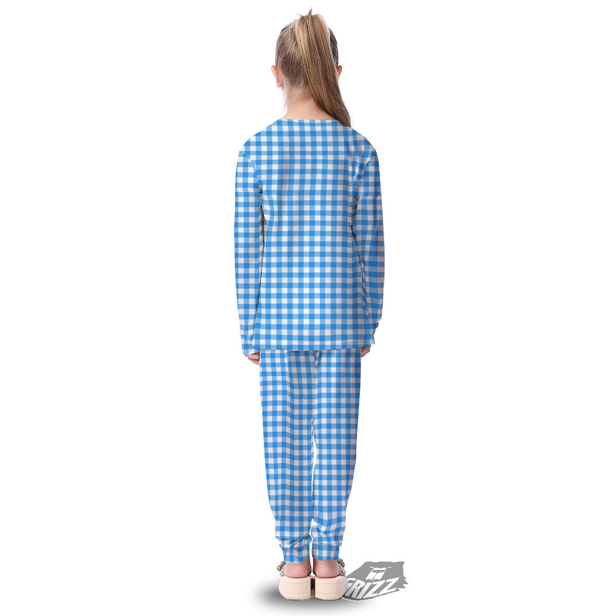Blue Azure And White Gingham Print Kid's Pajamas-grizzshop