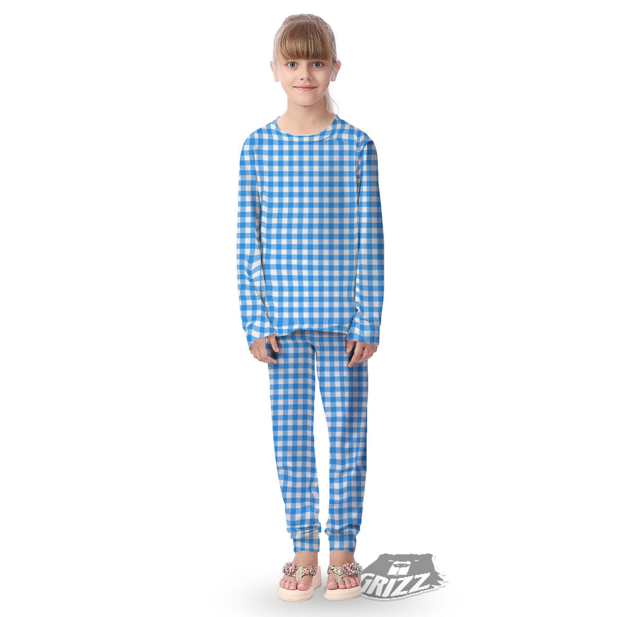 Blue Azure And White Gingham Print Kid's Pajamas-grizzshop