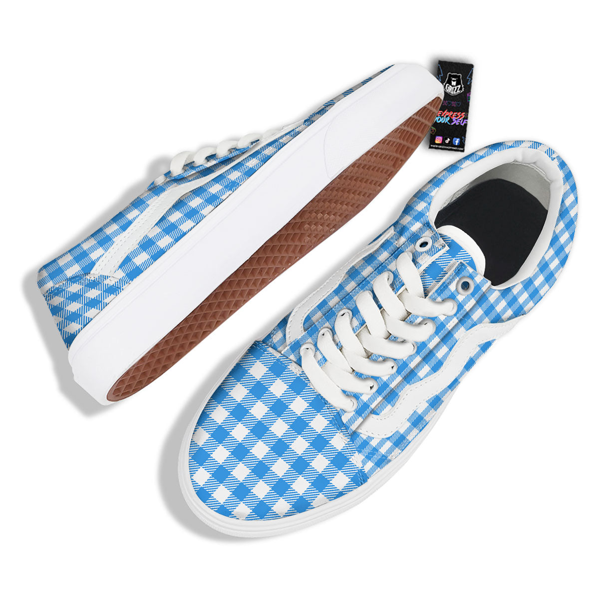 Blue Azure And White Gingham Print Skate Shoes-grizzshop