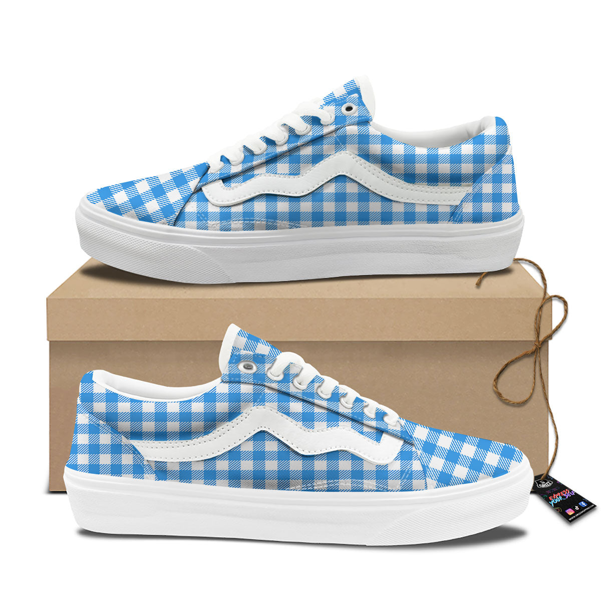 Blue Azure And White Gingham Print Skate Shoes-grizzshop