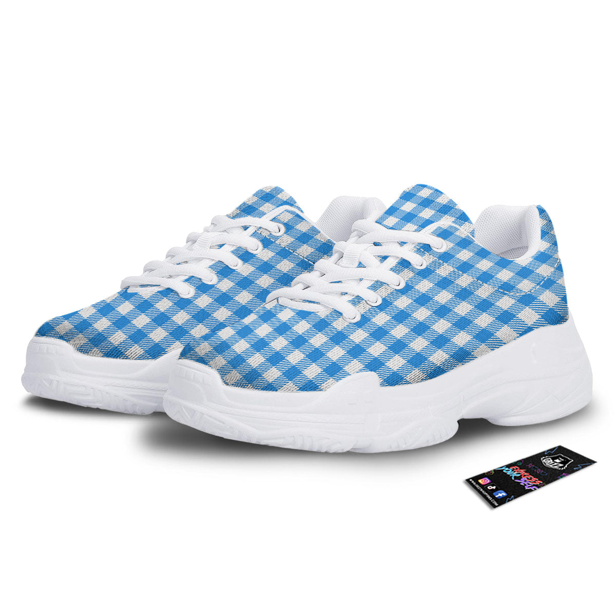 Blue Azure And White Gingham Print White Chunky Shoes-grizzshop