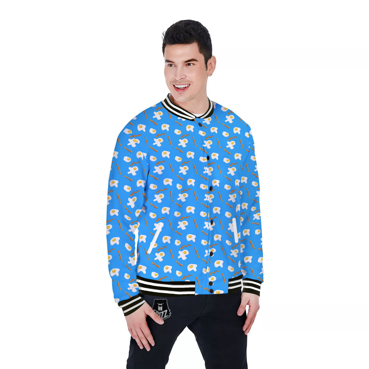 Blue Bacon And Fried Egg Print Pattern Baseball Jacket-grizzshop
